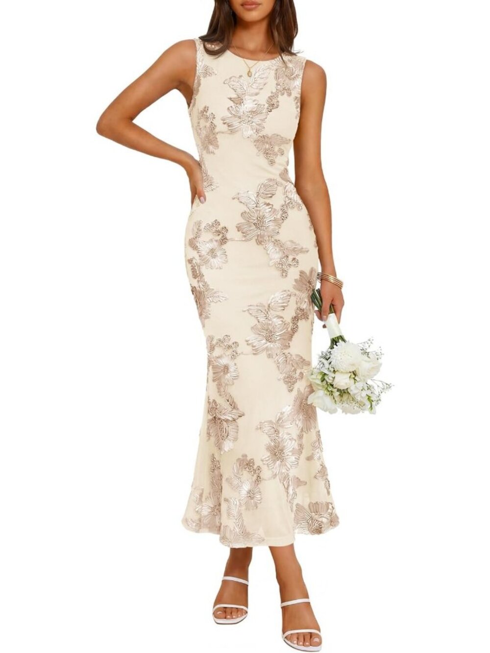 Floral Mesh Slit Bodycon Midi Dress for Wedding Guest, Cocktail Party & Events